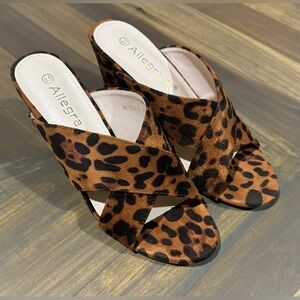 Allegra K Criss Cross Wedge Heel Slides Leopard Suede | Women’s 8.5
